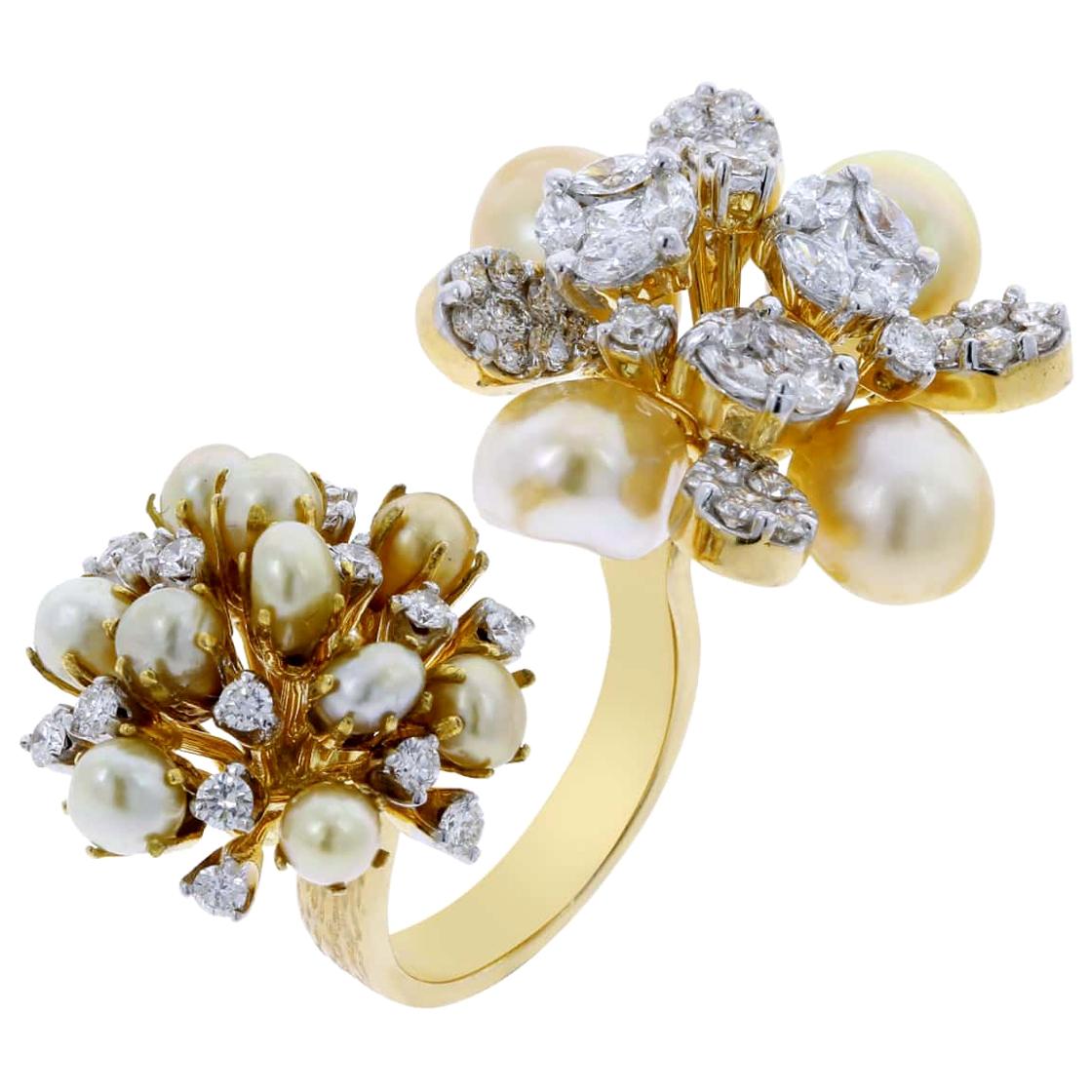 Pearl Clusters Open Ring with Mixed Cut Diamonds, 18 Karat Gold