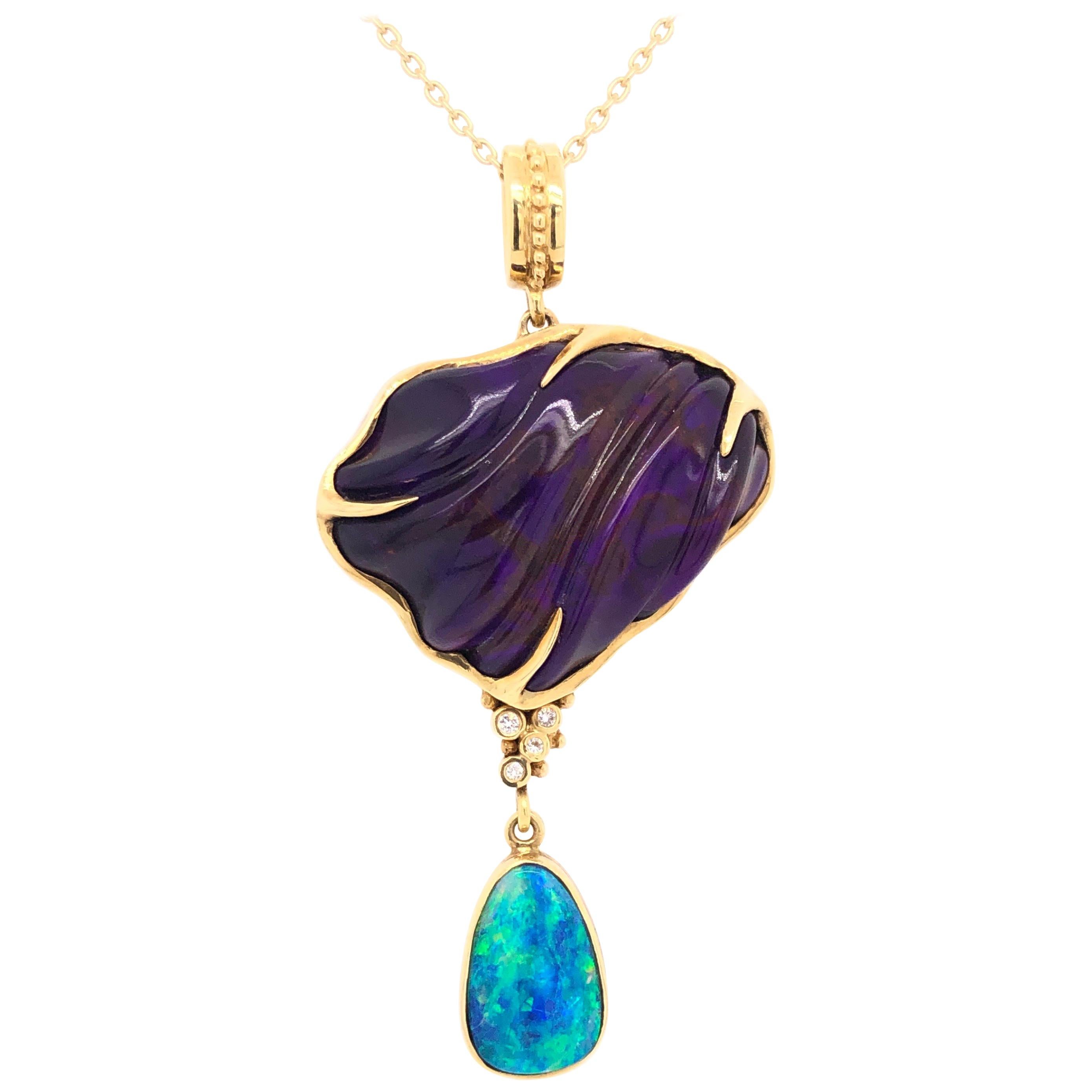 Sugilite Opal Diamond Yellow Gold Sterling Silver Pendant 