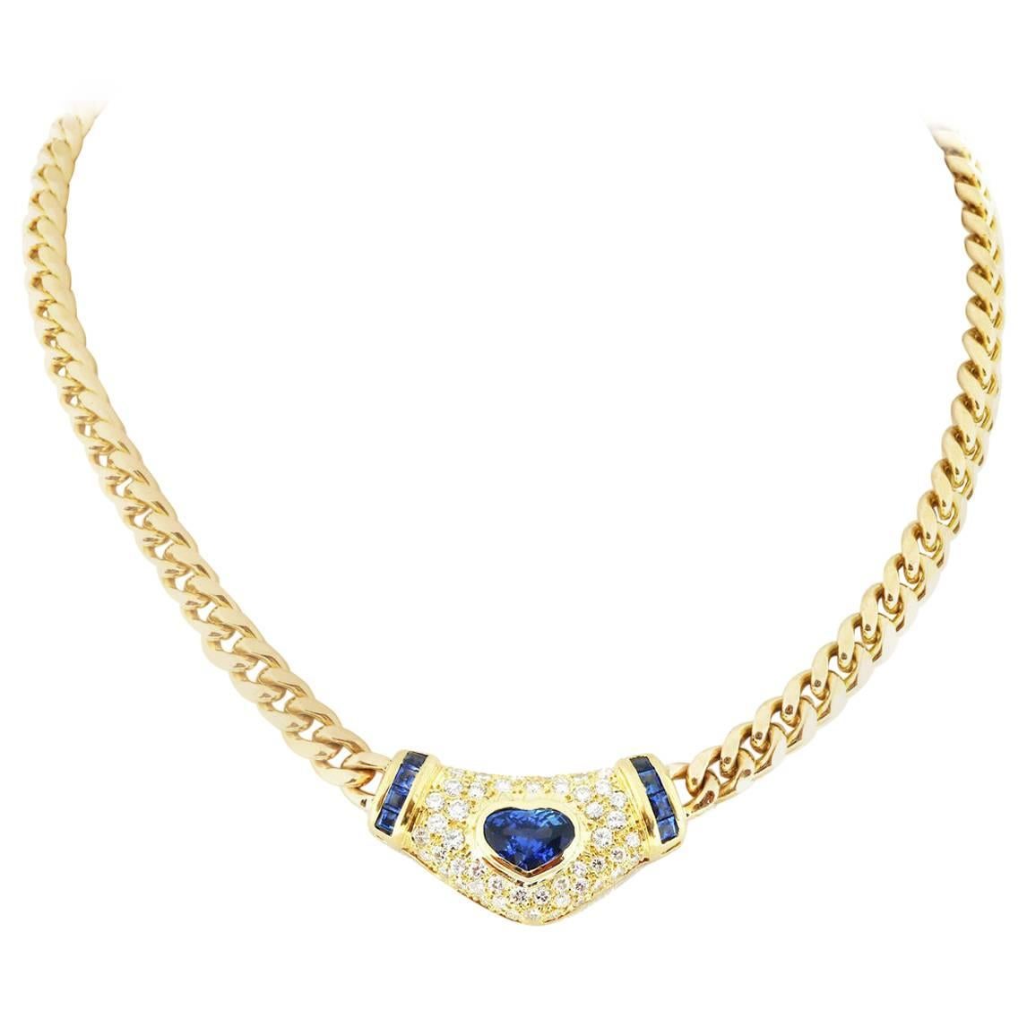 3.37 Carat Heart Shaped Sapphire Diamond Yellow Gold Necklace