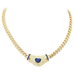 3.37 Carat Heart Shaped Sapphire Diamond Yellow Gold Necklace