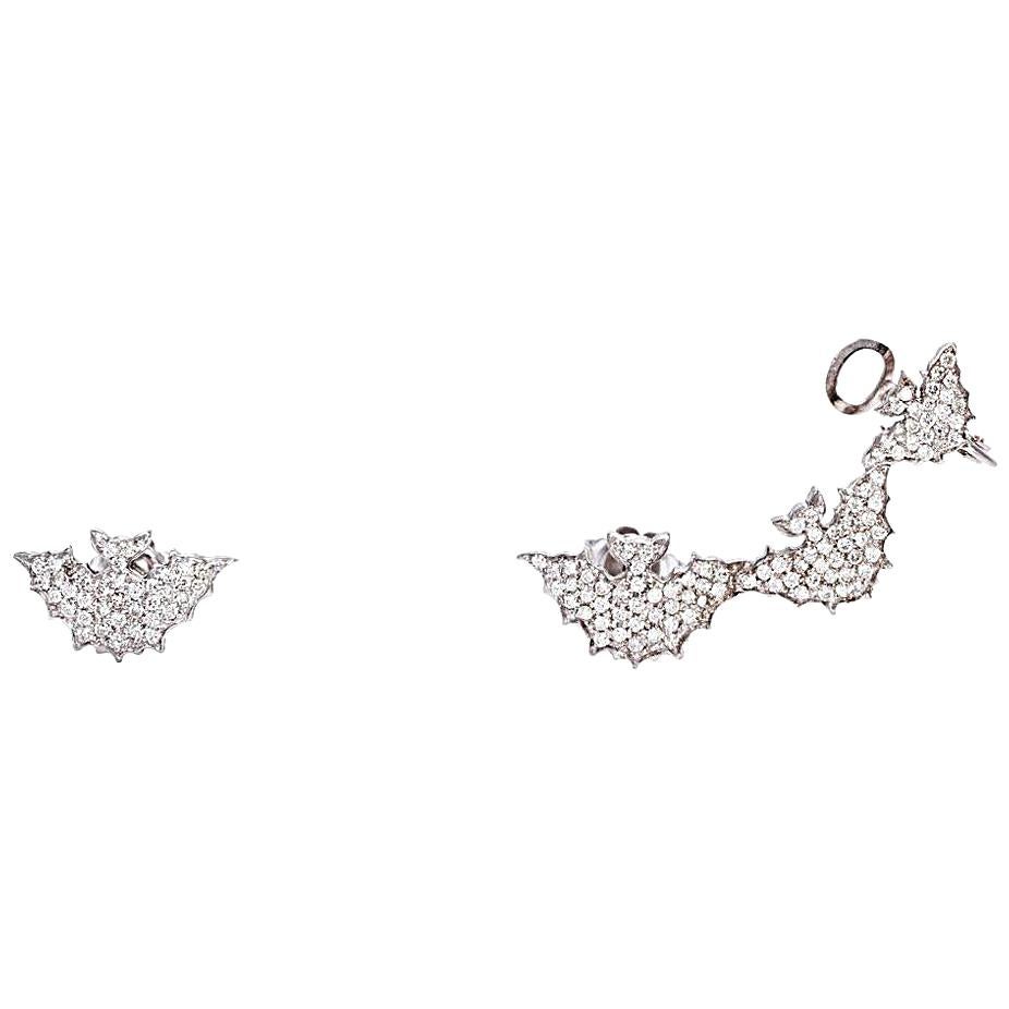 3 +1 Bat Gold Earrings with White Pavè Diamonds For Sale