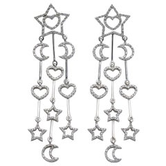 18 Karat White Gold Diamond Star Moon Heart Earrings