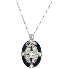 Art Deco Diamond Black Onyx Filigree White Gold Long Necklace