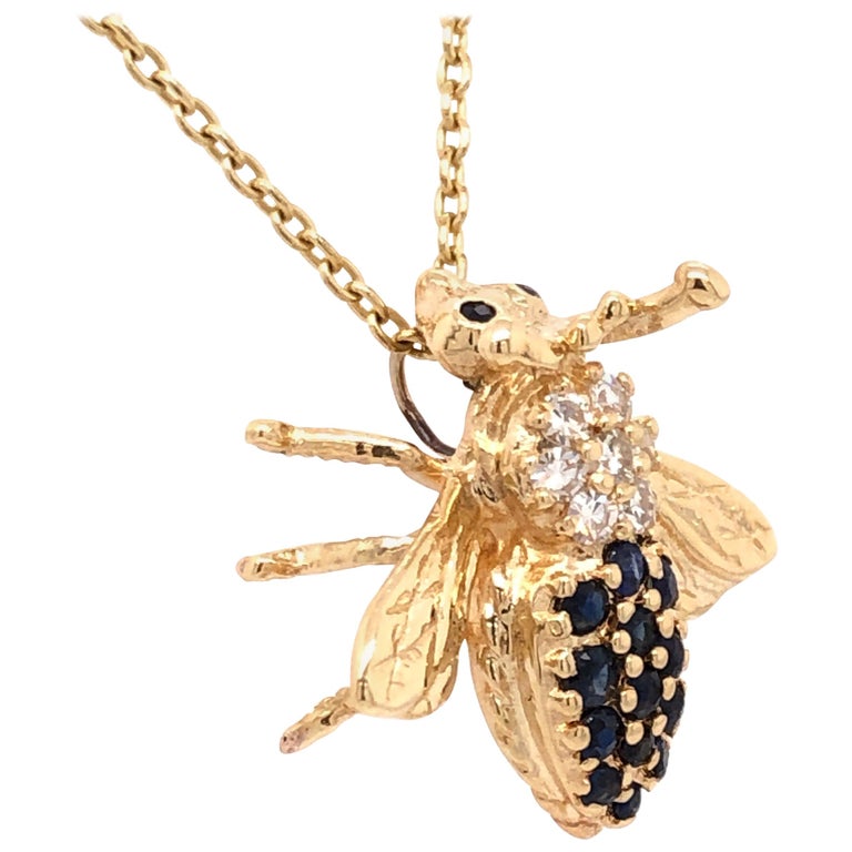Diamond Sapphire Yellow Gold Bee Pendant and Chain at 1stDibs
