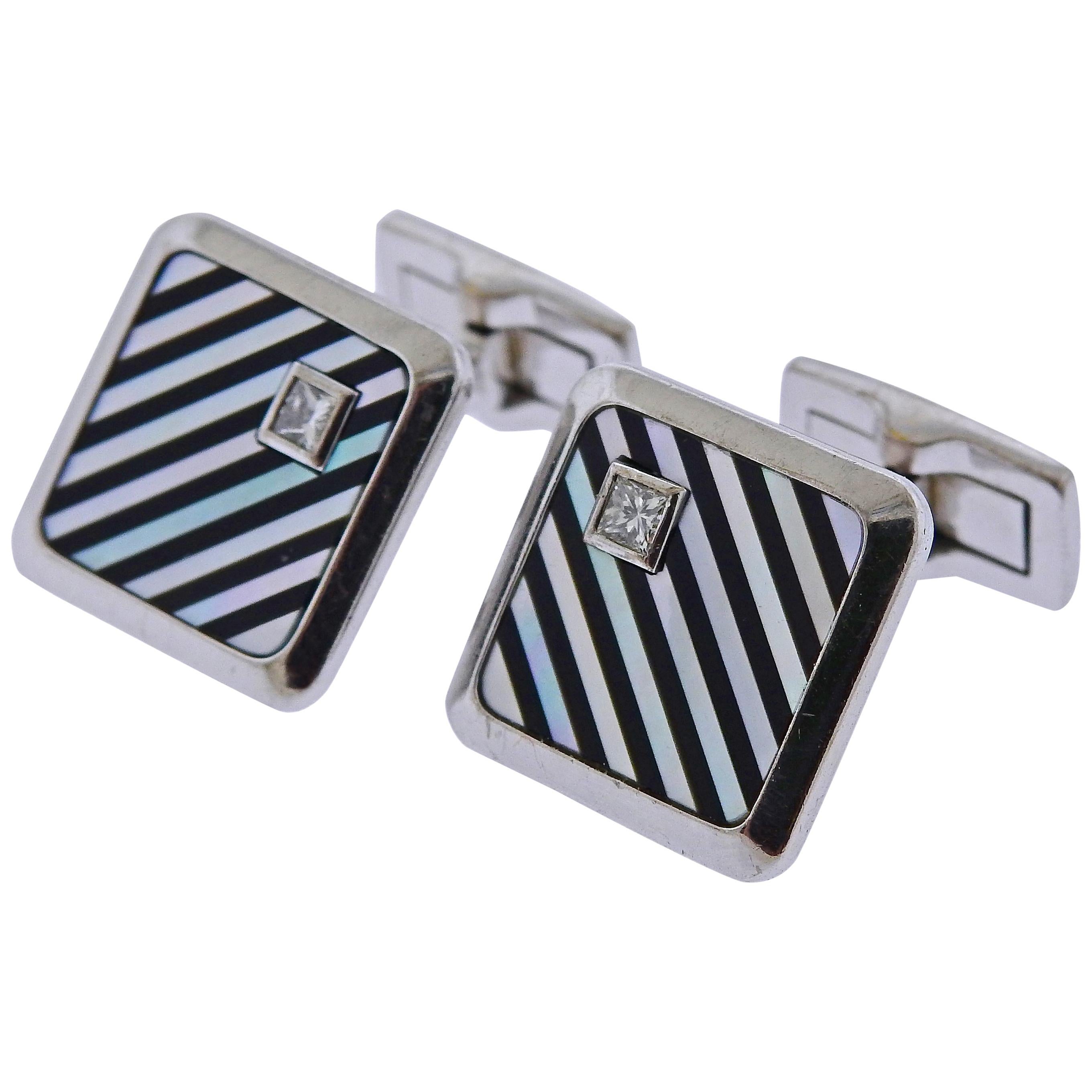 Piaget Diamond Mother of Pearl Onyx Inlay Gold Cufflinks For Sale