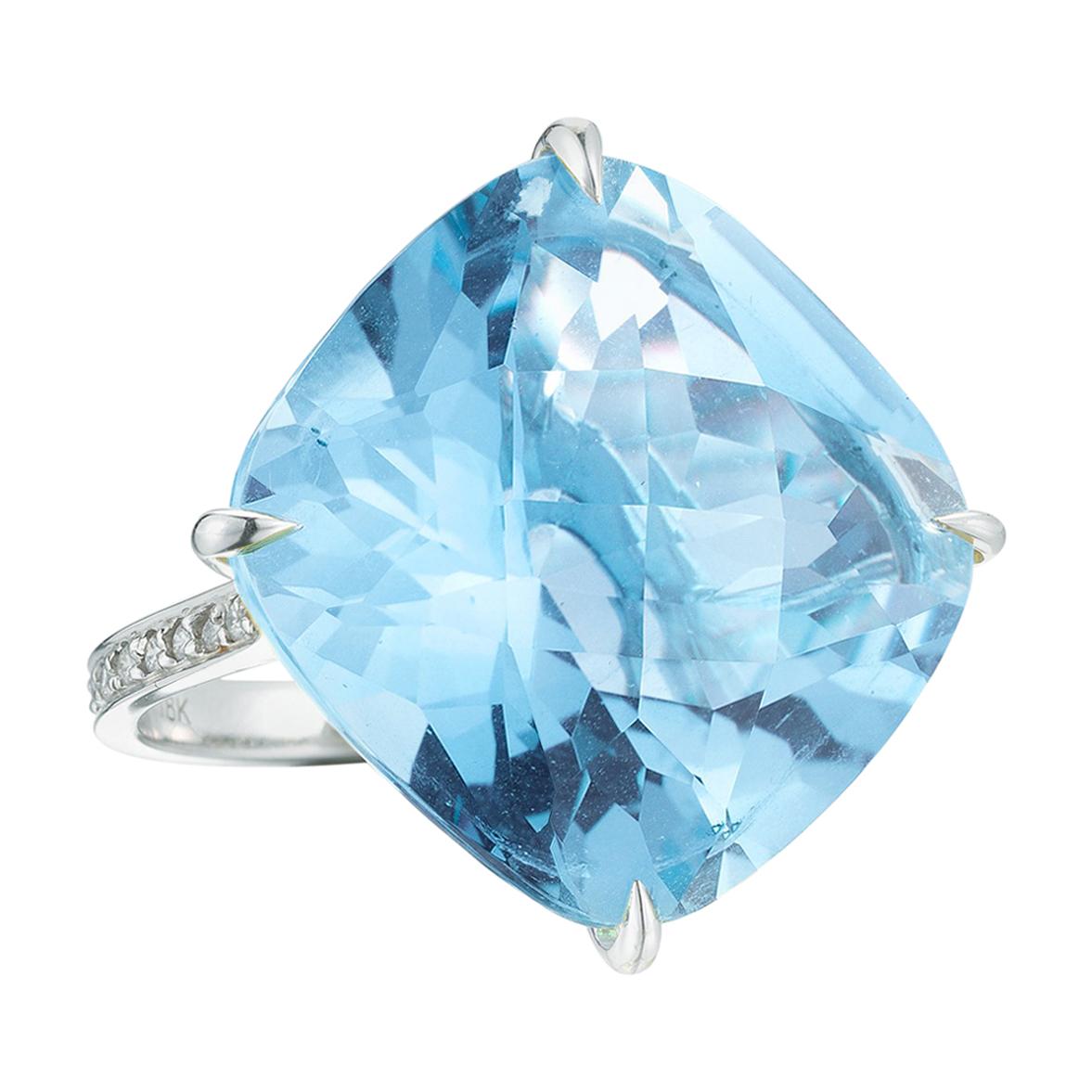 Paolo Costagli 18 Karat White Gold 33.5 Carat Blue Topaz and Diamond Ring For Sale