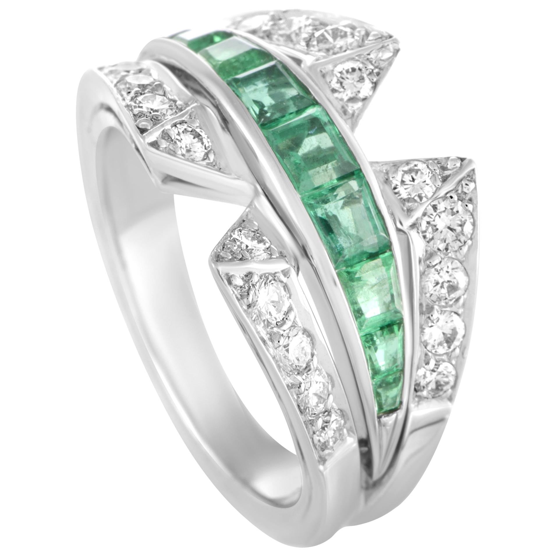 Van Cleef & Arpels Vintage Diamond and Emerald Platinum Band Ring