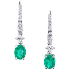 Vintage Emerald and Diamond Elongated Drop Earrings in 18K White Gold 