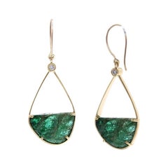20.00 Carat Total Carved Emerald and Diamond Earring in 18 Karat Yellow Gold