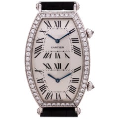 Ladies Cartier Dual Time Zone Tonneau 18 Karat White Gold & Diamonds circa 2000s