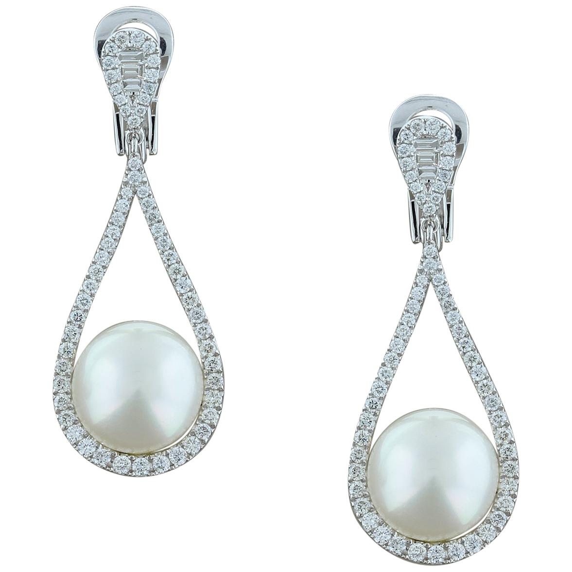 Gold Diamond South Sea Pearl Drop Earrings at 1stDibs