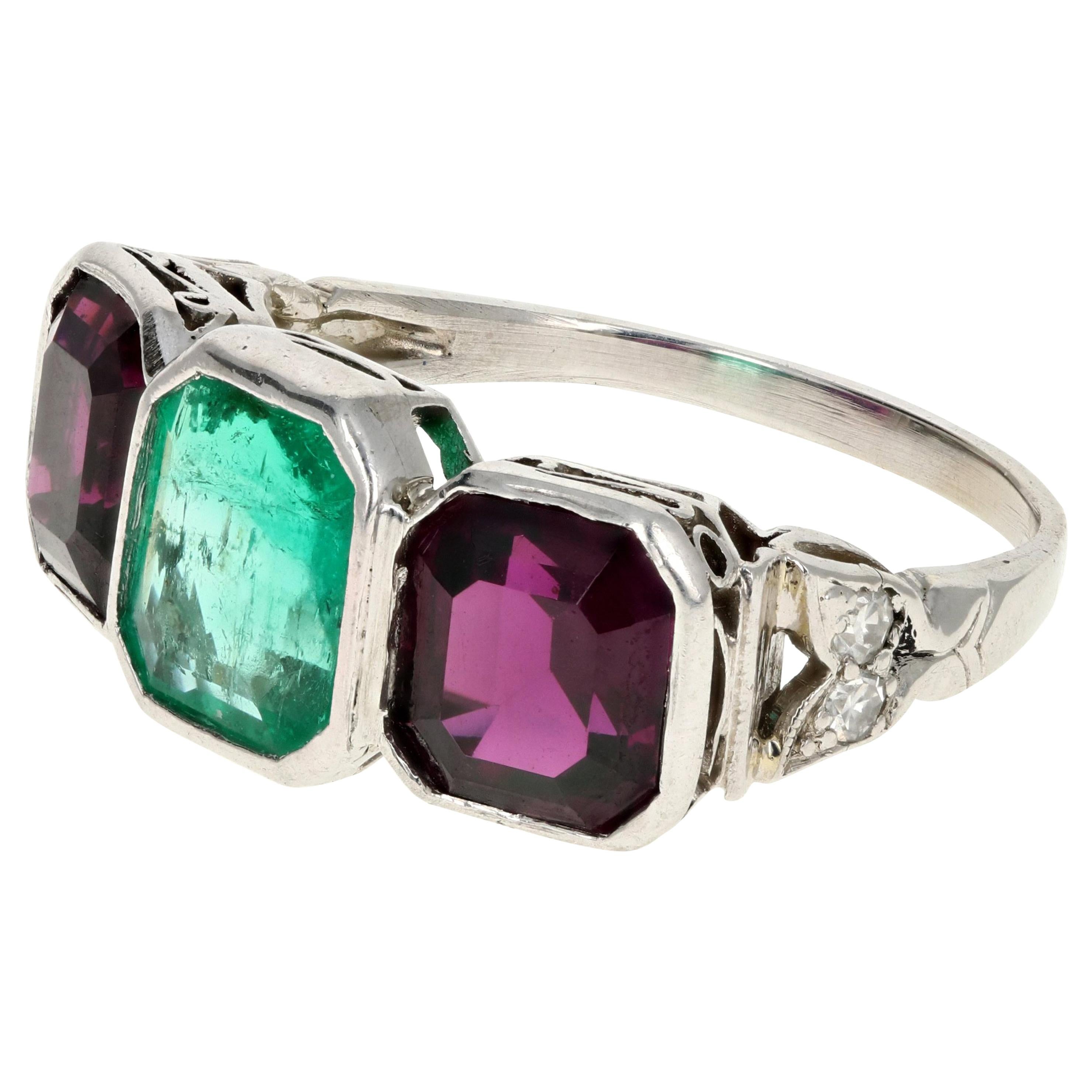 Art Deco Platinum Emerald and Almandine Garnet Ring