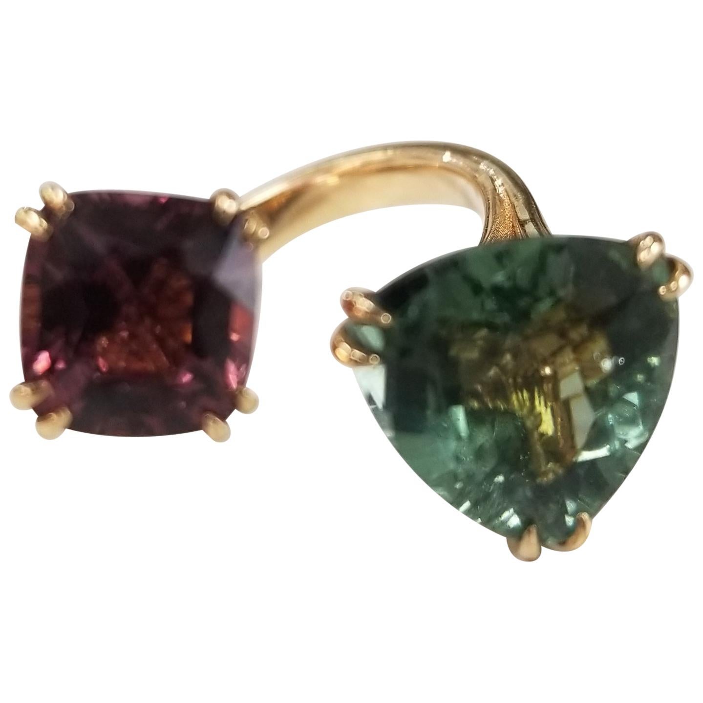 Pink Spinel and Green Tourmaline Spaced Ring Set in 18 Karat Rose Gold