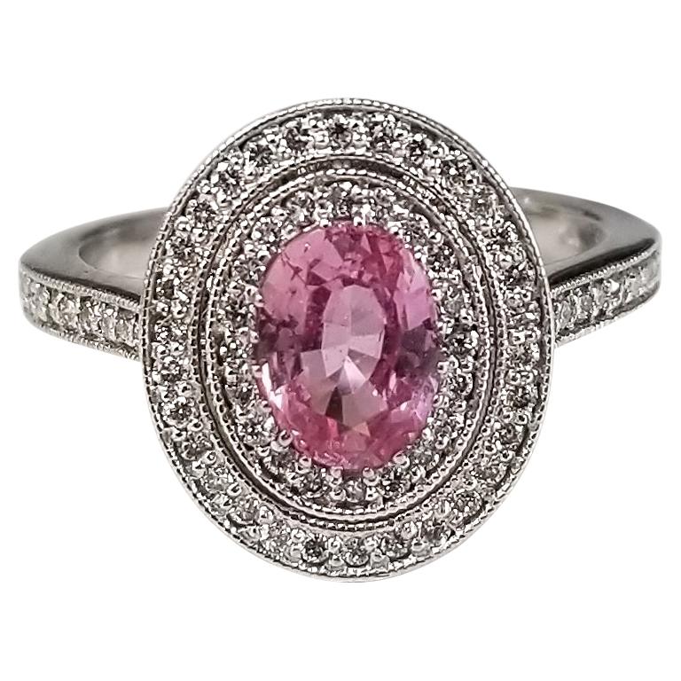 GIA Pink "Padparadscha" Sapphire 1.09 Karat and Diamond Double Halo Ring