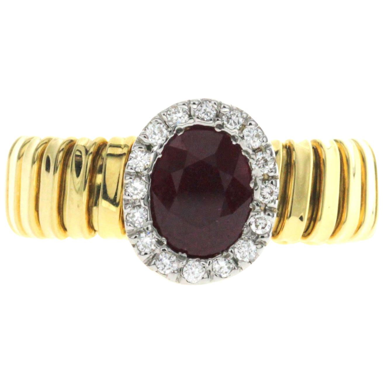 18 Karat Yellow Gold 1.20 Carat Ruby and 0.15 Carat Diamonds Engagement Ring For Sale