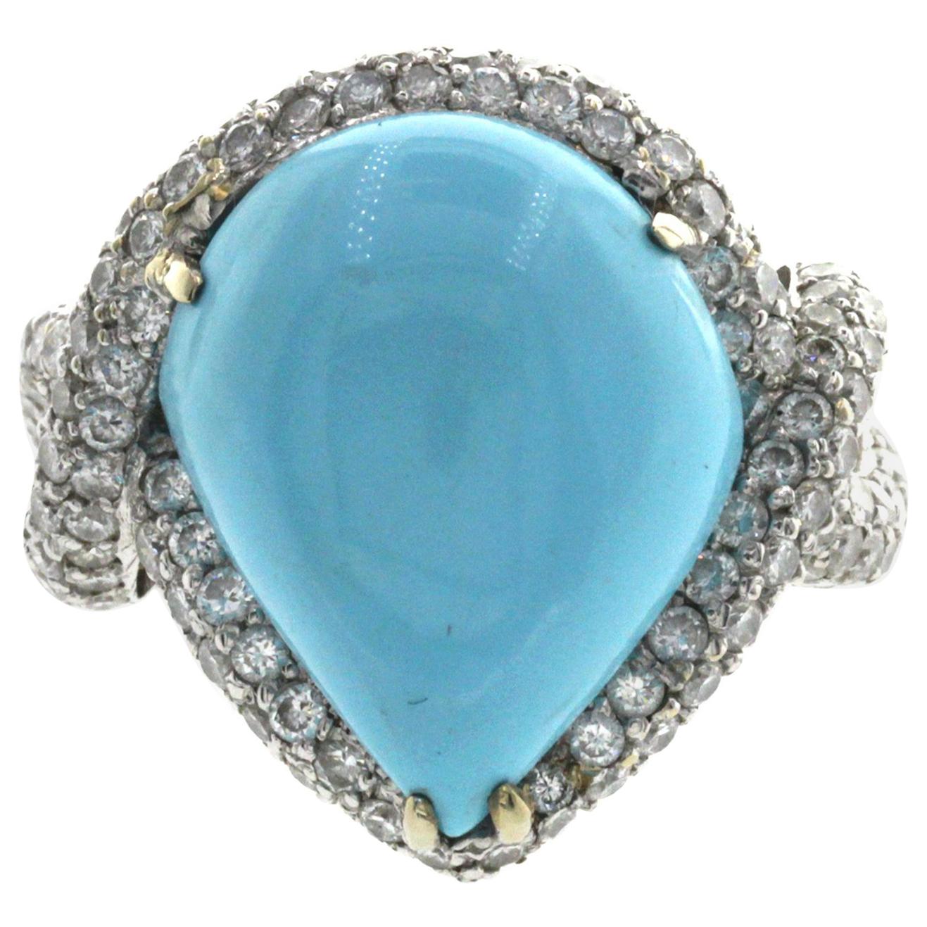 12.14 CT Natural Turquoise & 1.86 CT Diamonds in 18K Gold Cocktail Ring