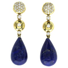 Blue Gold Natural Lapis and 0.86 Carat Diamonds in 18 Karat Yellow Drop Earrings