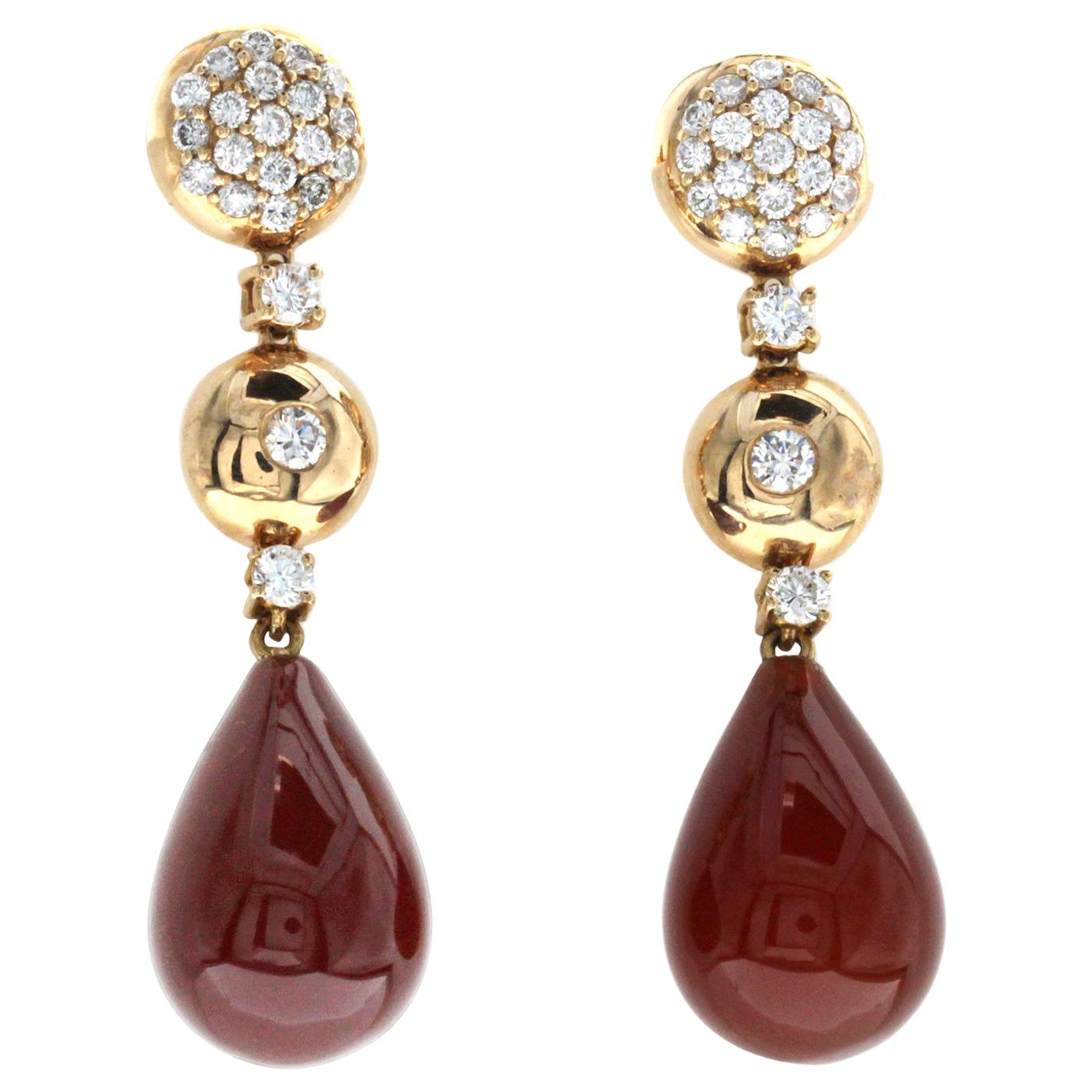 27.46 CT Natural Carnelian & 0.86 CT Diamonds in 18K Rose Gold Drop Earrings For Sale