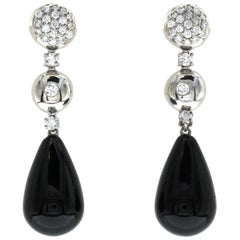 31.24 CT Natural Black Onyx & 0.86 CT Diamonds in 18K White Gold Drop Earrings