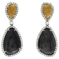 Rose Cut 33 CT Multi Sapphires 1.06 CT Diamonds 18K White Gold Drop Earrings