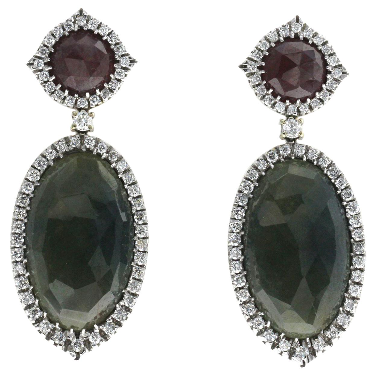 Rose Cut 37 CT Multi Sapphire 1.24 CT Diamond 18K White Gold Drop Earrings