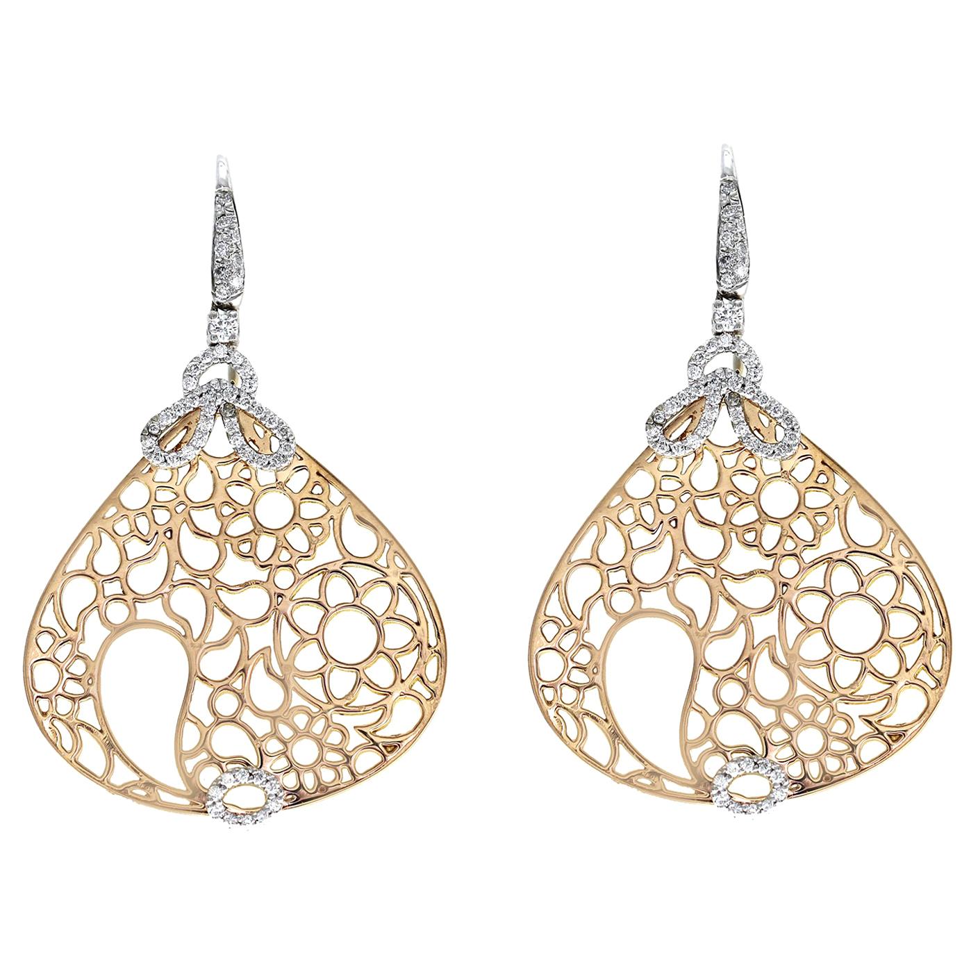 Gold 0.42 Carat G Si1 Diamonds in 18 Karat Rose and White Teardrop Drop Earrings For Sale