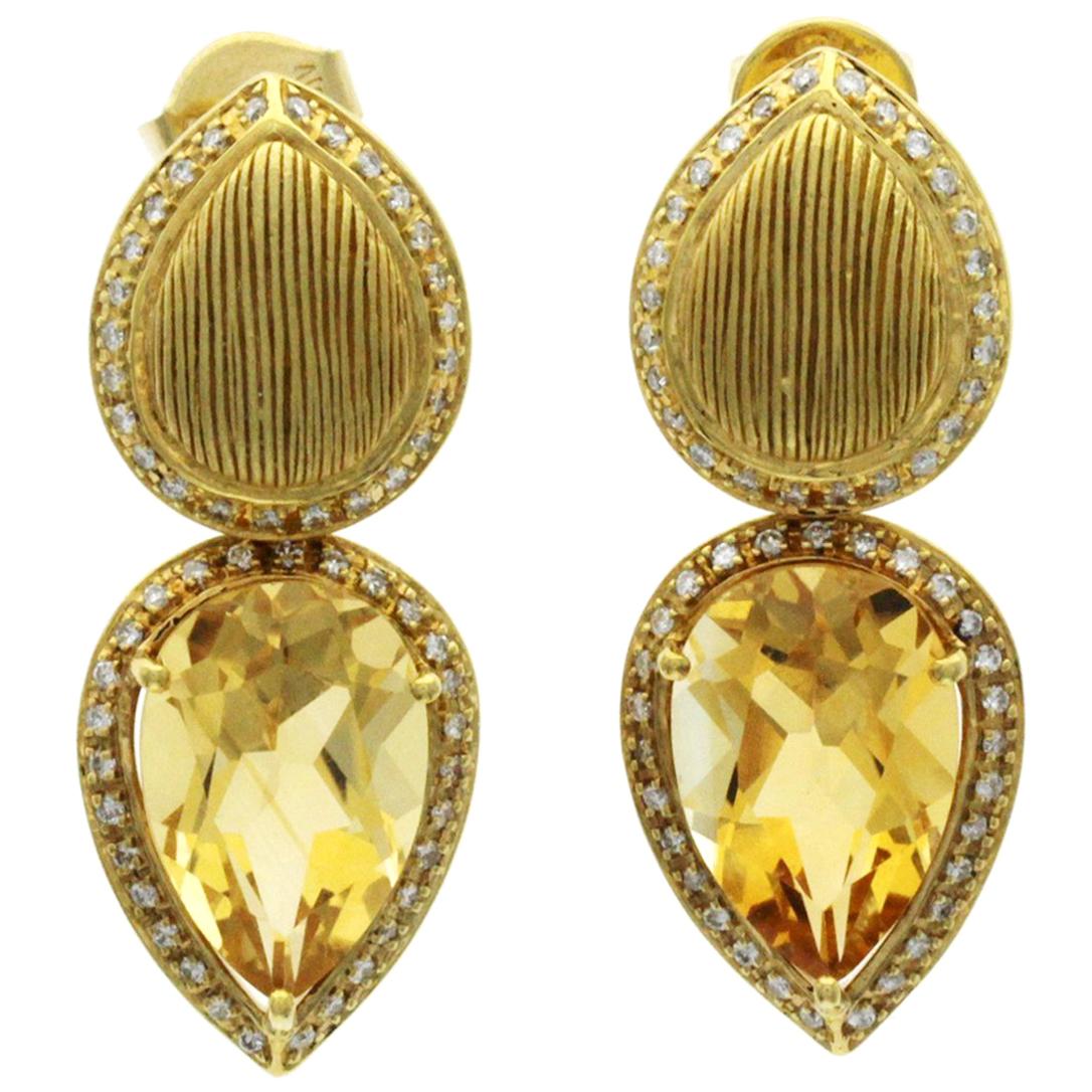10.50 CT Citrine & 0.78 CT Diamonds in 18K Yellow Gold Teardrop Earrings For Sale