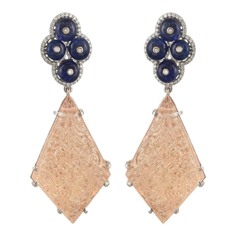 18 Karat Gold Tanzanite, Carved Morganite and Diamond Dangler Earrings