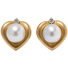 Pearl Earrings with Diamonds, 18 Karat Yellow Gold