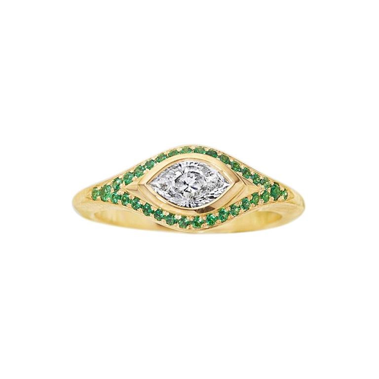 Engagement Ring with Cleaopatra's Eye Cut Diamond, and Tsavorite Pavé For Sale