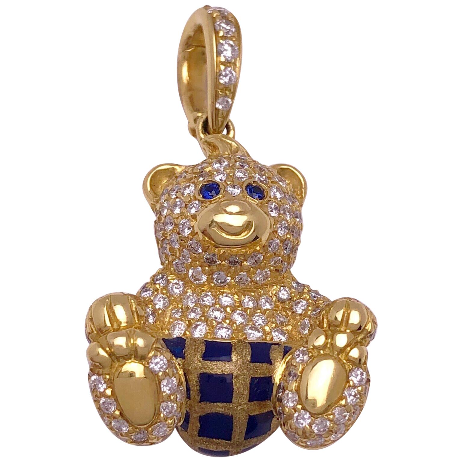 18 Karat Gelbgold, 1,07 Karat Diamant und Emaille Teddybär-Anhänger im Angebot