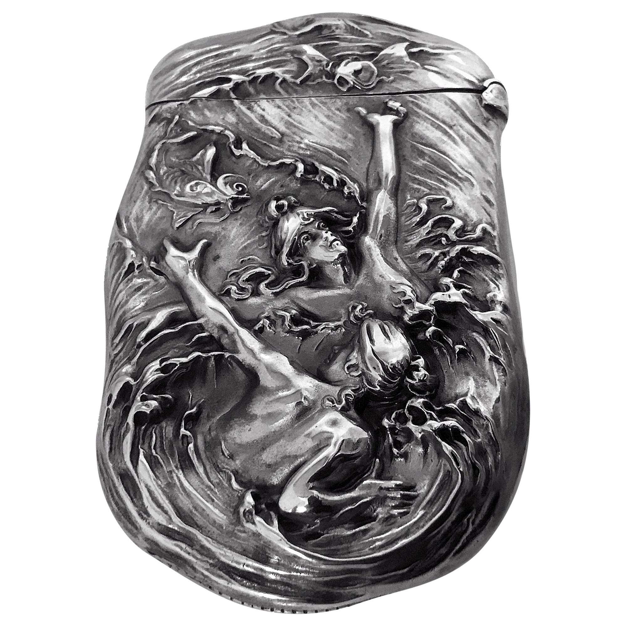 MERMAID DESIGN WITH ETCHING STERLING SILVER MATCH SAFE/ VESTA NEW 