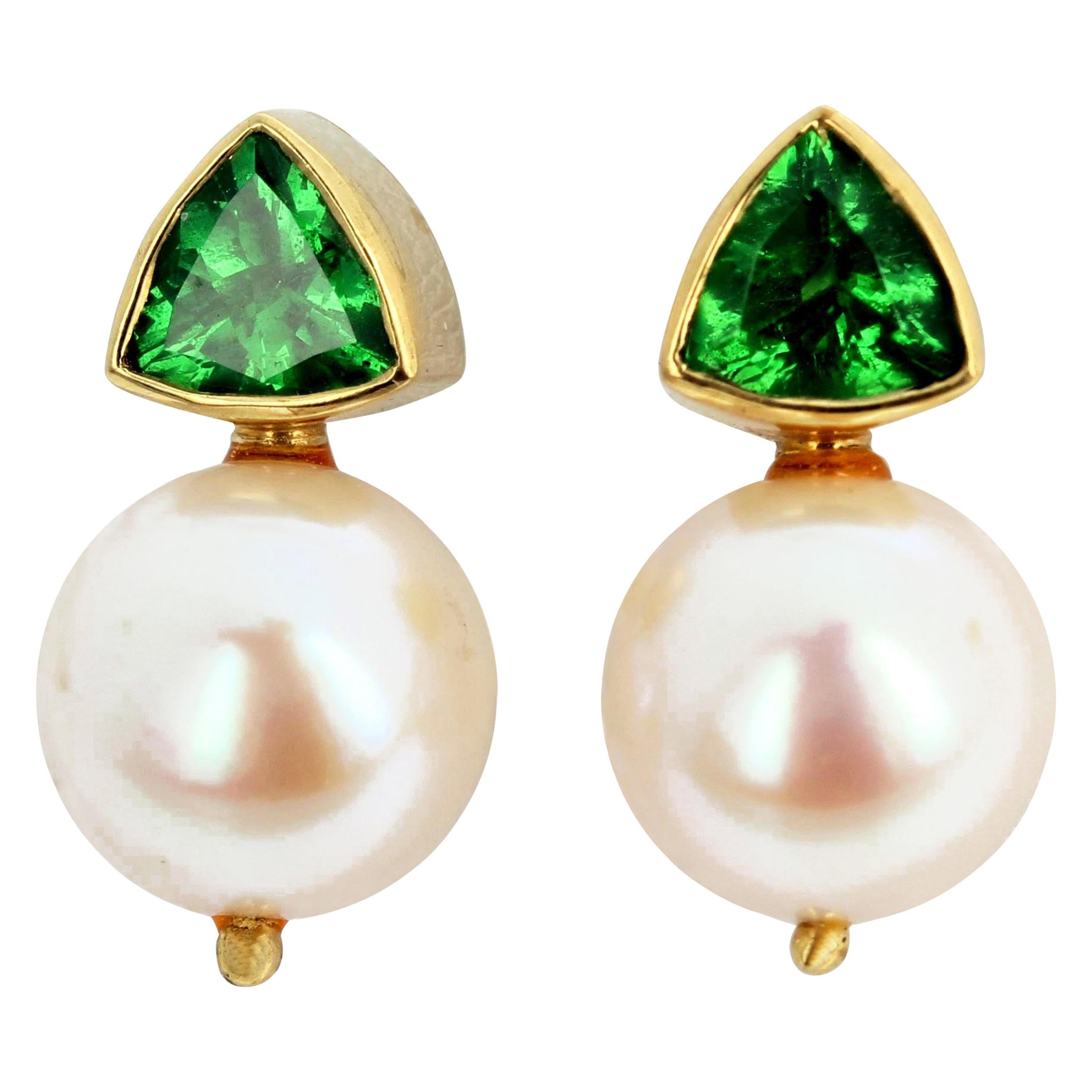 AJD Glittering Intense Real Green Tsavorite Garnet & White Pearl Gold Earrings For Sale