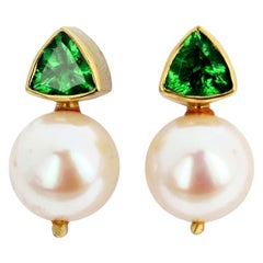 AJD Glittering Intense Real Green Tsavorite Garnet & White Pearl Gold Earrings