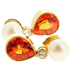 Exotic Pearl, Diamond &Glittering Orangy Spessartite Garnet Gold Dangle Earrings