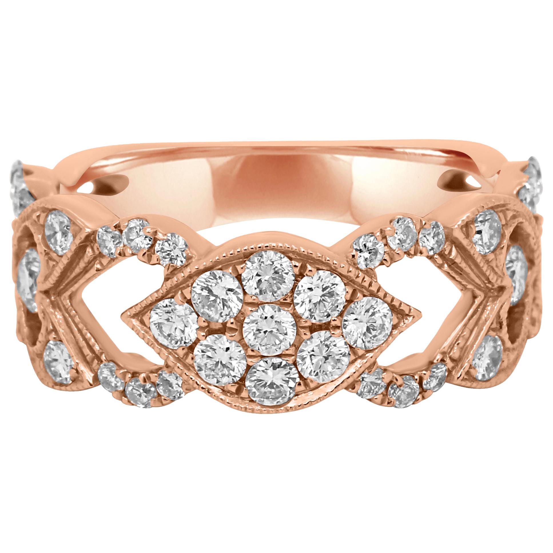 Round White Diamond 14K Rose Gold Band Cocktail Fashion Stackable Ring