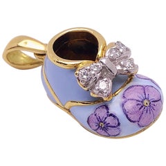 18 Karat Yellow Gold, .12 Carat Diamond and Enamel Baby Shoe Charm