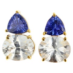 AJD Glittering Tanzanite & Natural White Zircon 18 KT Gold Stud Earrings