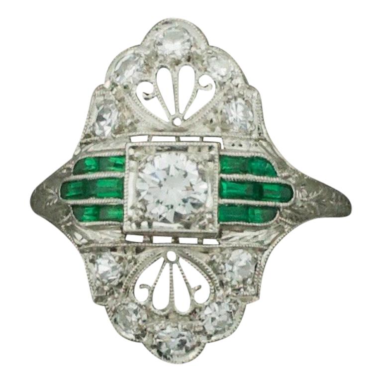 Art Deco 1930s Platinum Diamond Ring with Green Stones .55 Carat For Sale