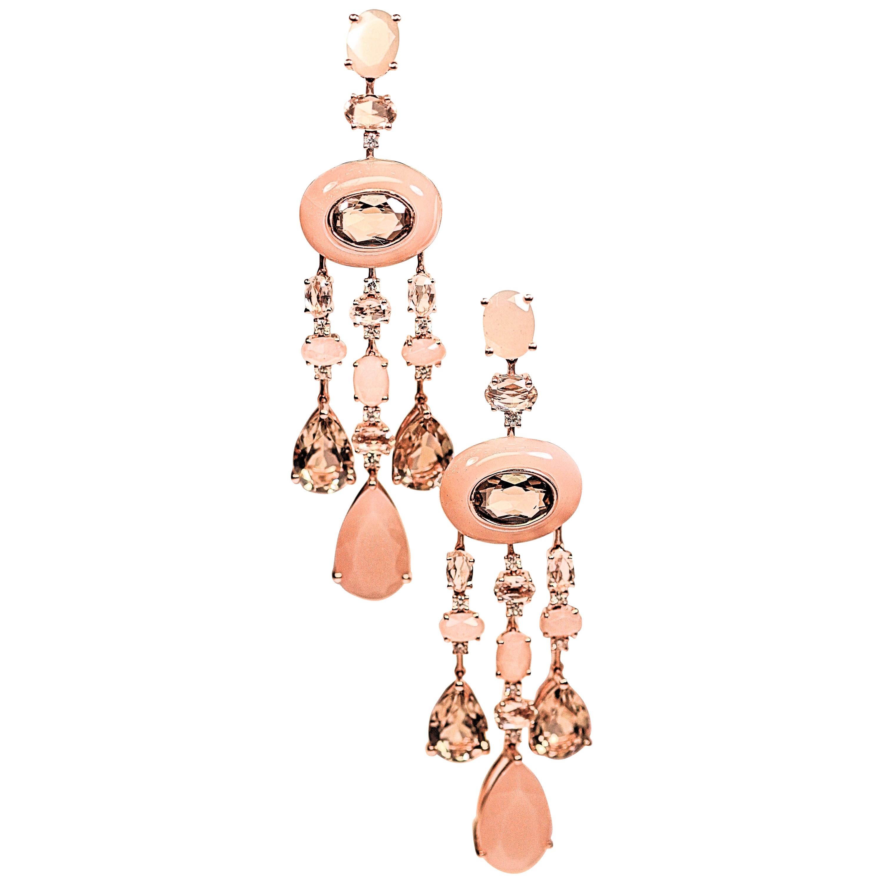 Earrings Diamond Dangle with Pink Moonstone Smokey Quartz 18 Karat Rose Gold  For Sale