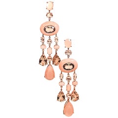 Earrings Diamond Dangle with Pink Moonstone Smokey Quartz 18 Karat Rose Gold 