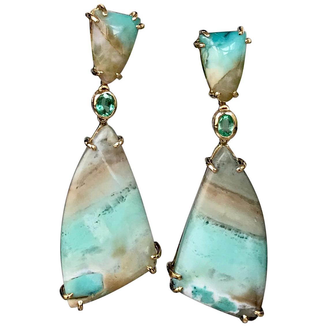 Joon Han Indonesian Opalized Petrified Wood Emerald 18K Gold Drop Earrings For Sale