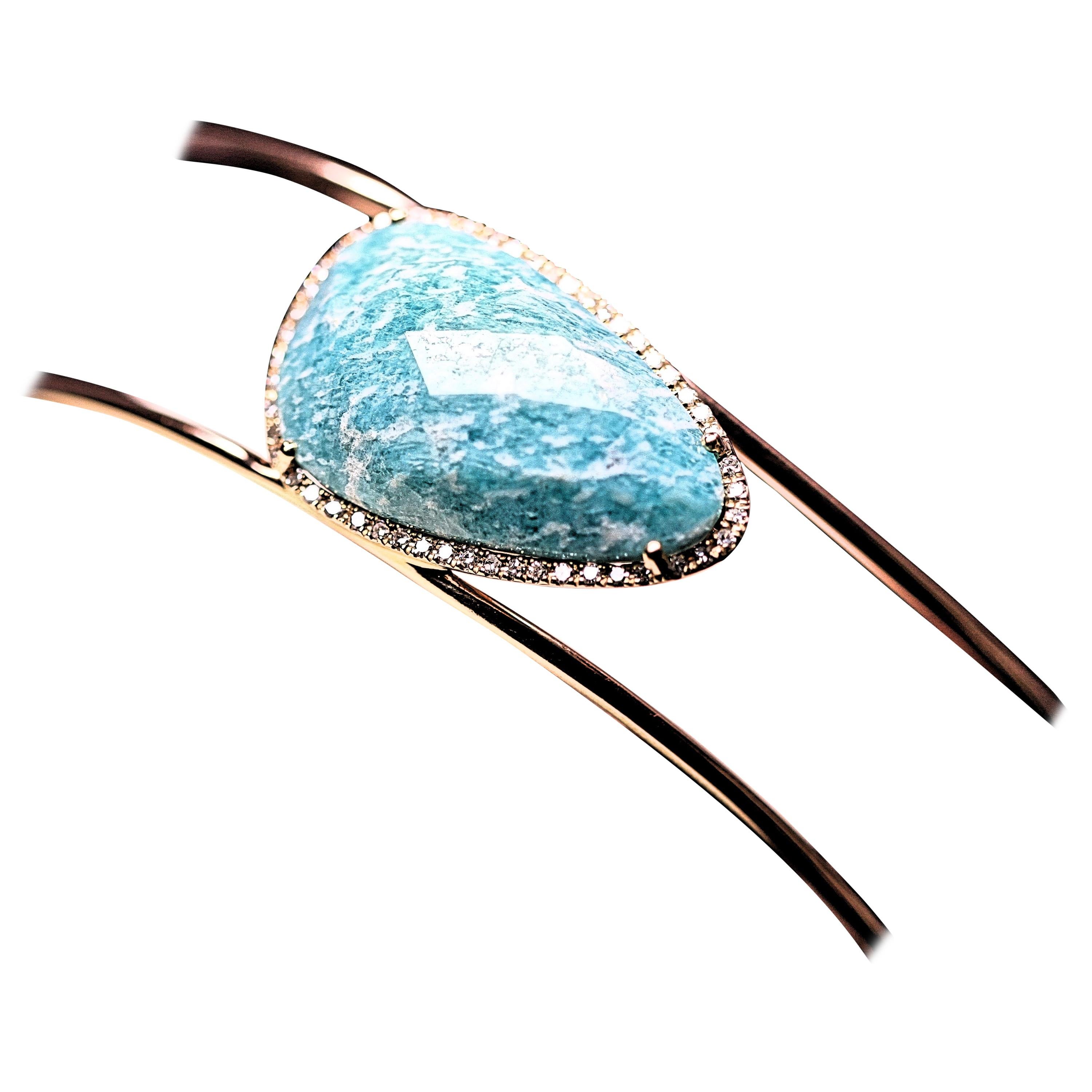 Turquoise Colored Amazonite Stone Gold and Diamond Bangle Bracelet For Sale