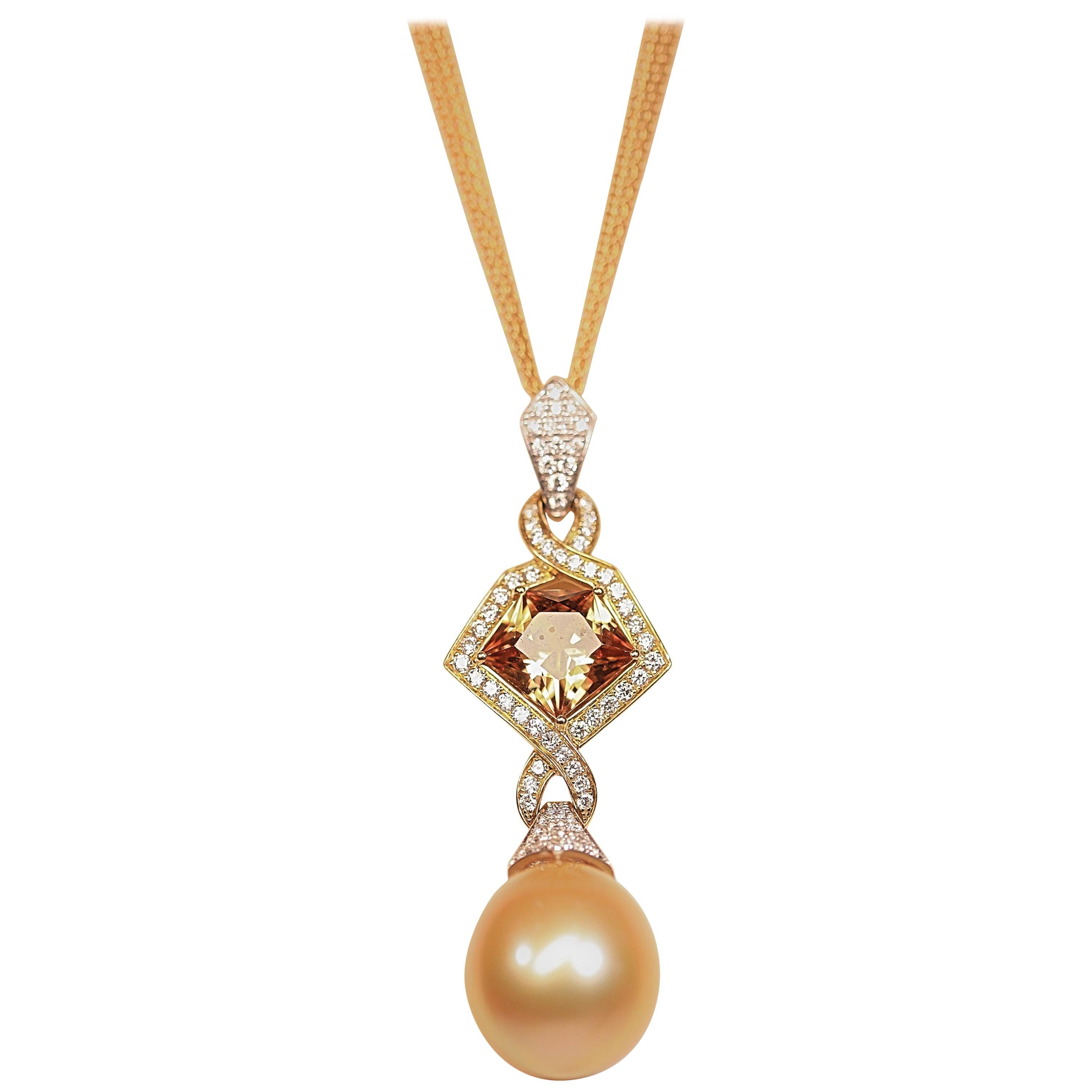  South Sea Pearl Diamonds and Fancy Cut Golden Zircon Pendant For Sale