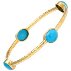 Vintage Turquoise Bangle Bracelet 18 Karat Gold Hammered Estate Fine Jewelry