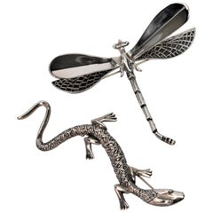 Vintage Sterling Silver Dragonfly & Salamander Pin Brooch Duo 