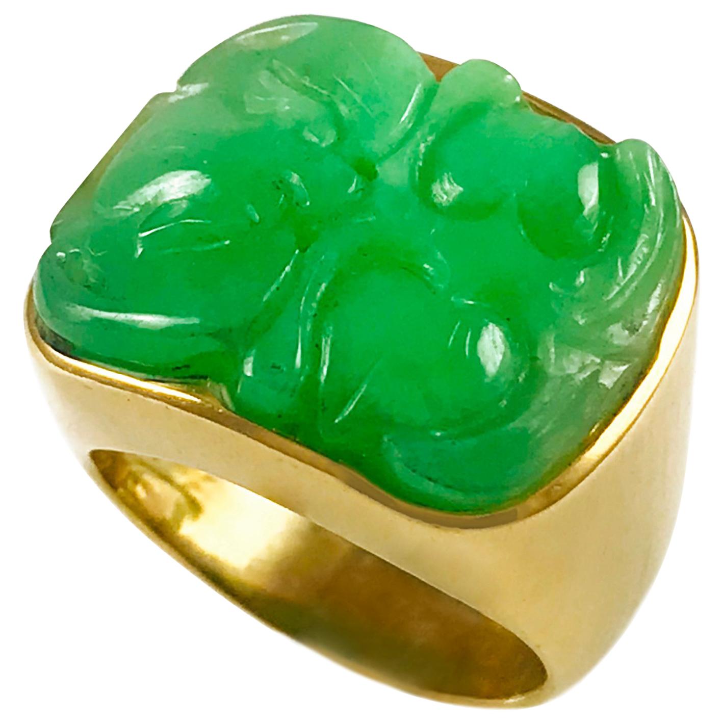 Carved Green Jade 14 Karat Gold Wide Band Ring