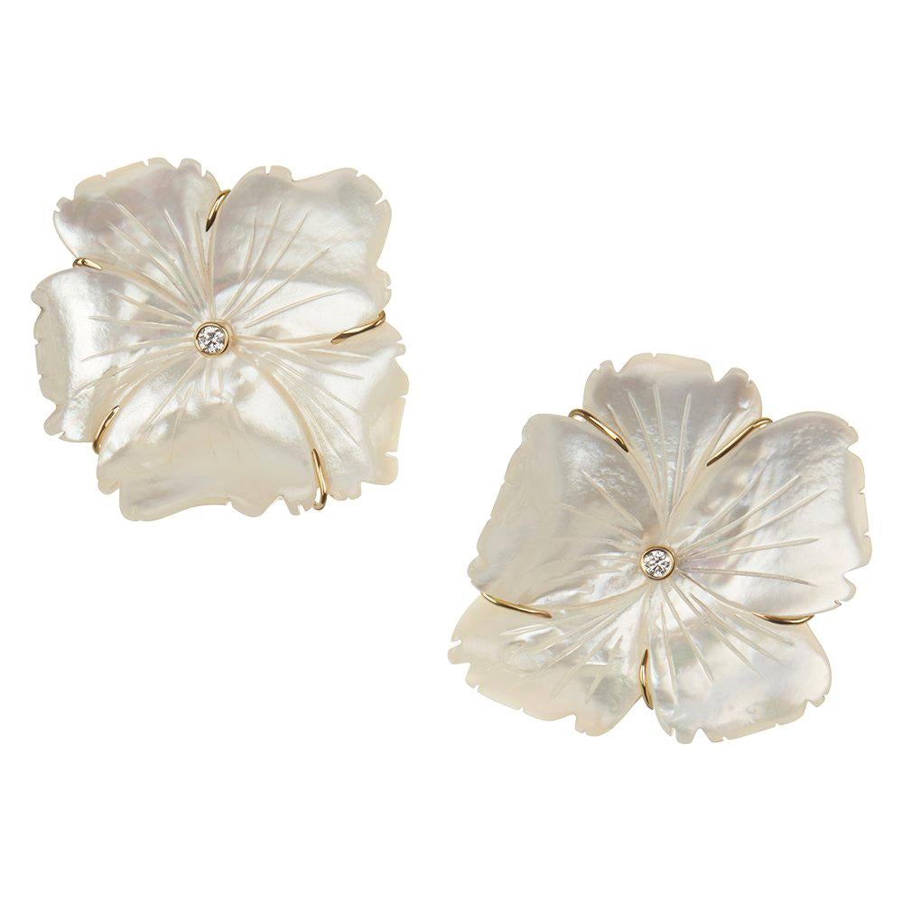 18 Carat Yellow Gold, Diamond and Hand Carved Mother of Pearl Flower Earrings For Sale