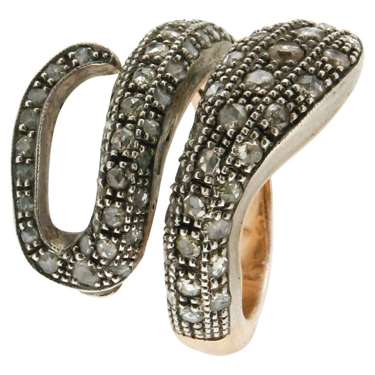 Diamonds 14 Karat Yellow Gold and Silver Snake Cocktail Ring For Sale ...