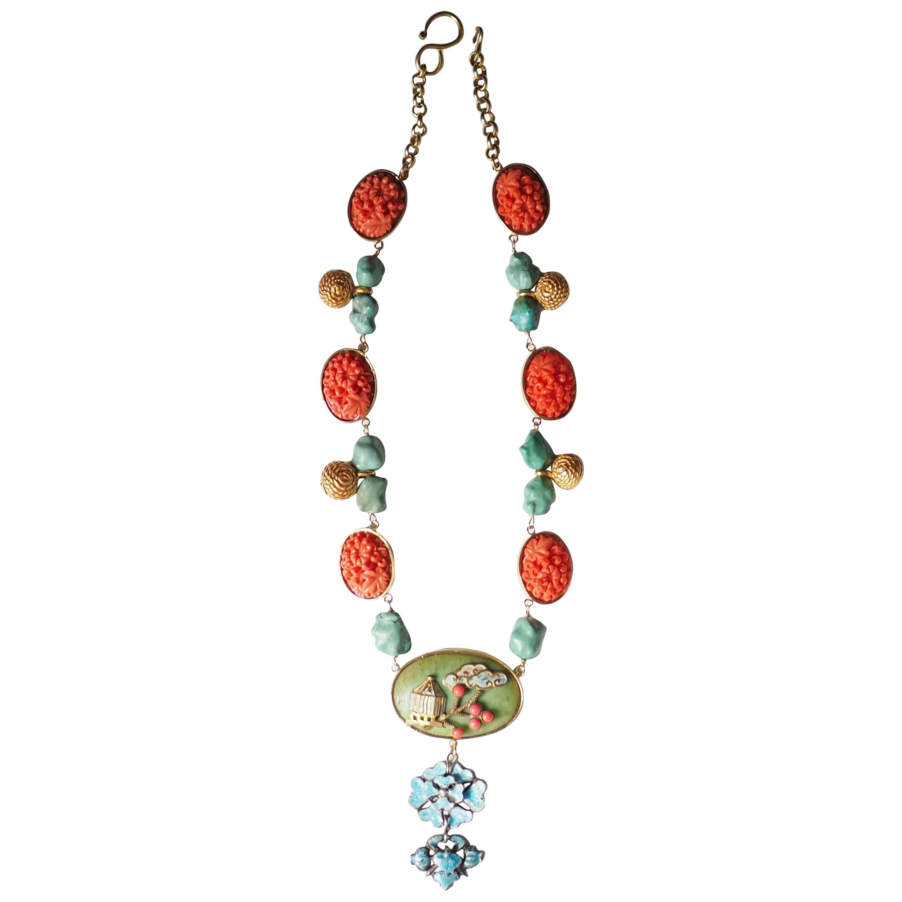 Antiques Bakelite Turquoise Bronze Enamel Necklace For Sale